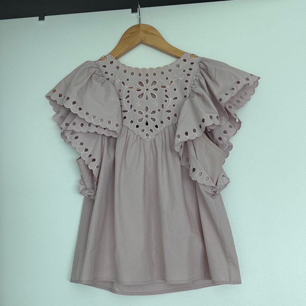 Elegant Mauve Eyelet Ruffle Blouse